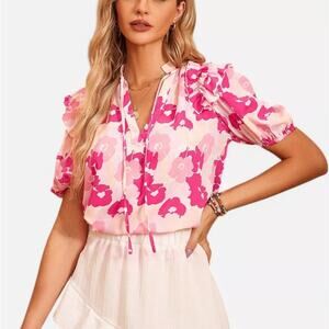 Floral Women's Tie V-Neck Chiffon Pullover Ruffle Top Size XL Pink Multi NWOT